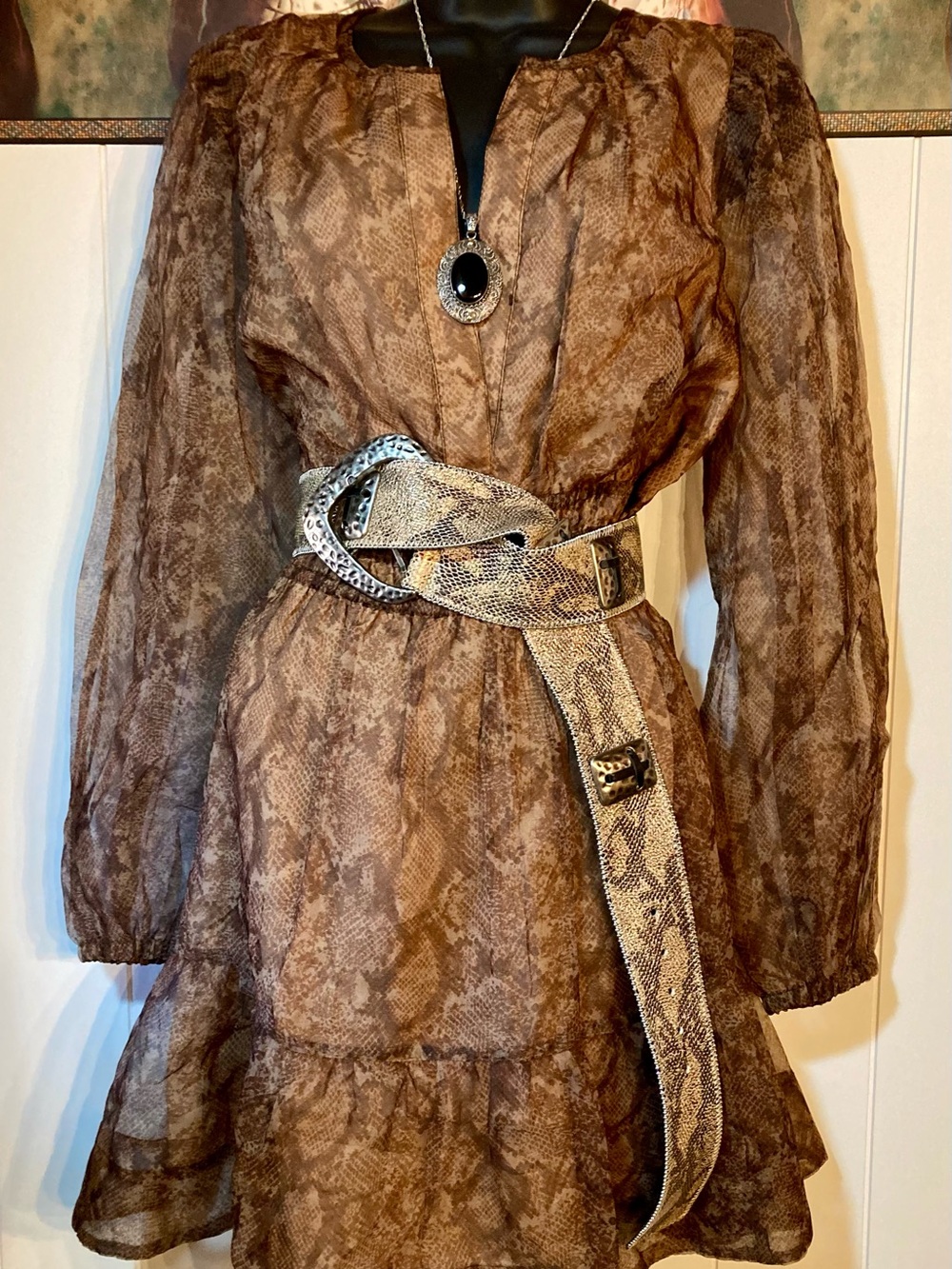 Anthropologie- Brown Snakeskin-Print Long Sleeve Dress - Picture 3 of 3